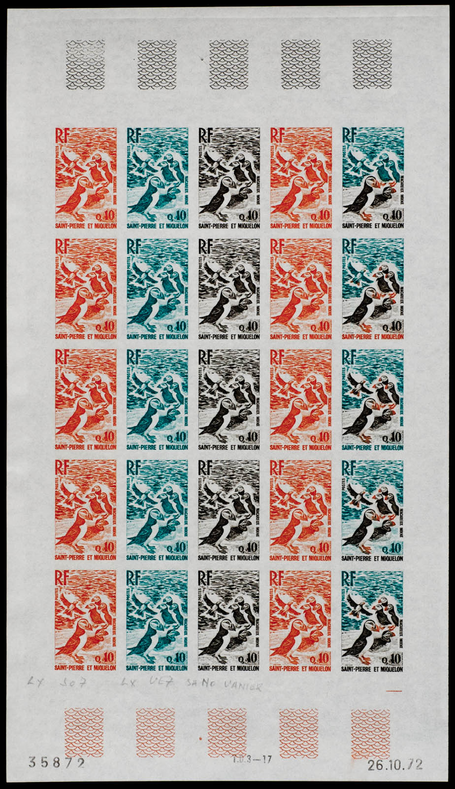St. Pierre & Miquelon 1973 Puffins Stamp Trial Color Sheet