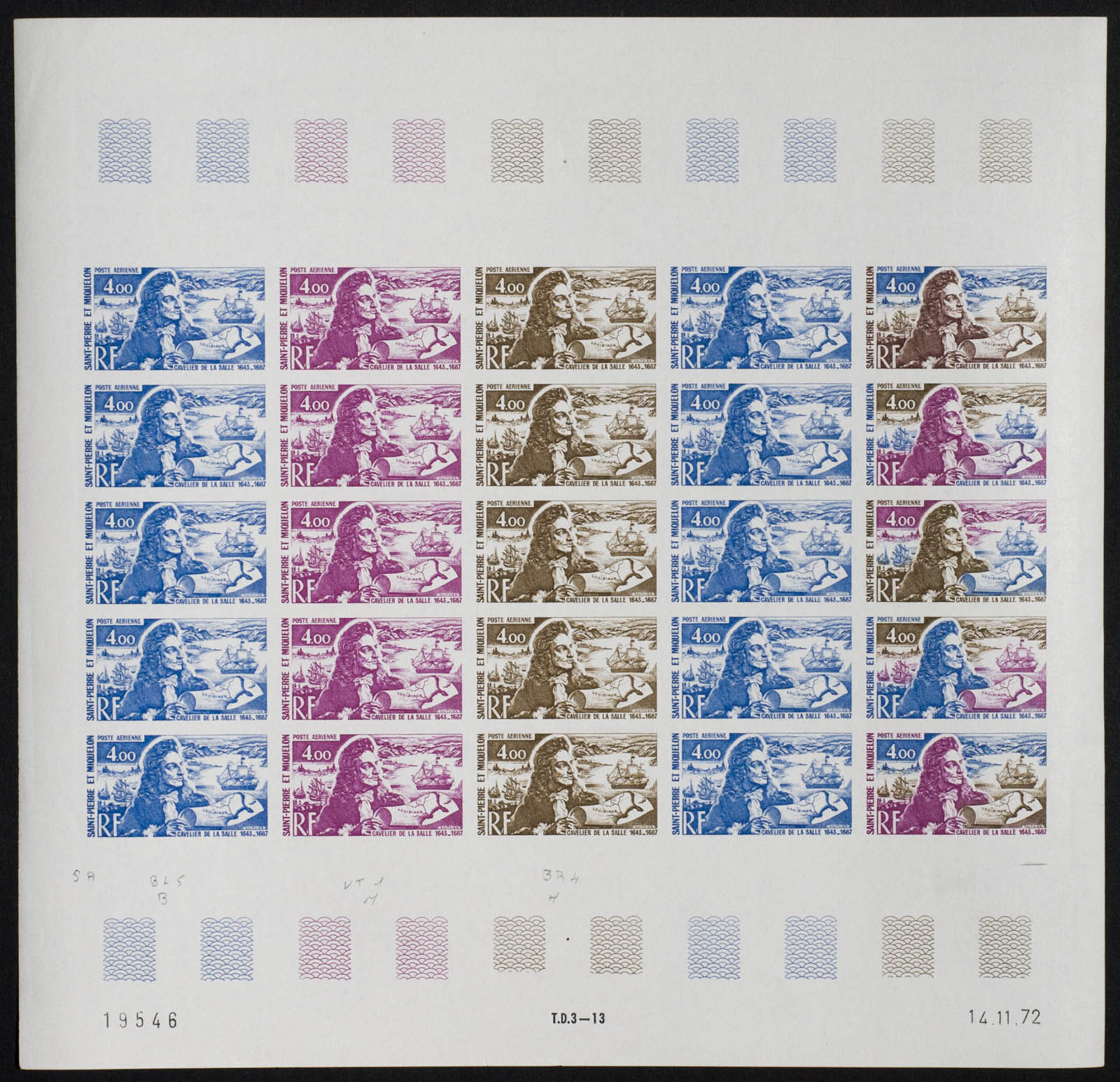 St. Pierre & Miquelon 1973 La Salle Stamp Trial Color Sheet